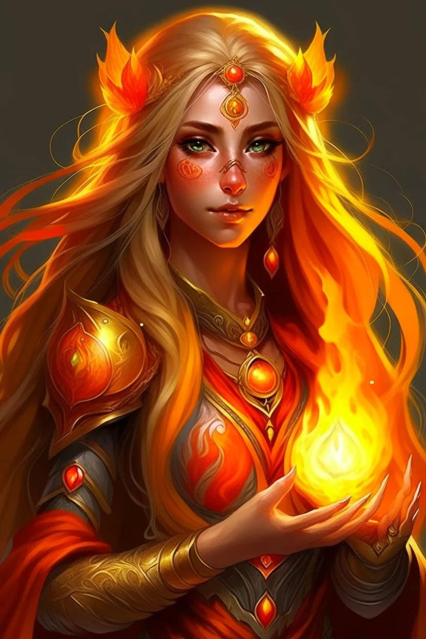 Female eladrin druid with fire abilities. Fire textured long golden hair. Tanned skin. Big red eyes with touch of fire .