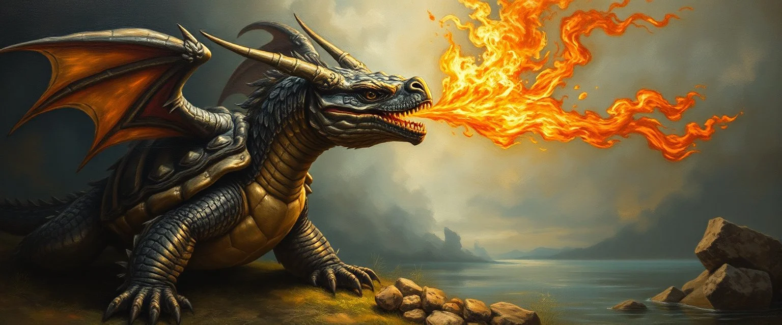 master oil painting by Rembrandt, good afternoon turtle dragon with fire breath, toasting a sad knight