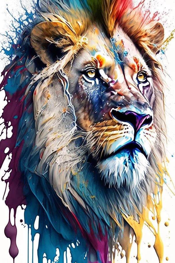 "lion", clean design, epic Instagram, art station, splash of colorful paint, contour, ((solid white background)), looking into camera, hyperdetailed intricately detailed, unreal engine, fantastical, cinema lighting, intricate detail, splash screen, complementary colors, fantasy concept art, 8k resolution, DeviantArt masterpiece, watercolor, paint dripping