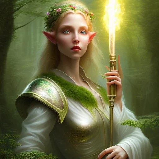 romantic fantasy spray painting, portrait of cute green eyed blonde robed elf poet with halo sitting in huge marble , bubbles, loosing torch in magical forest, foliage frame, magic wand