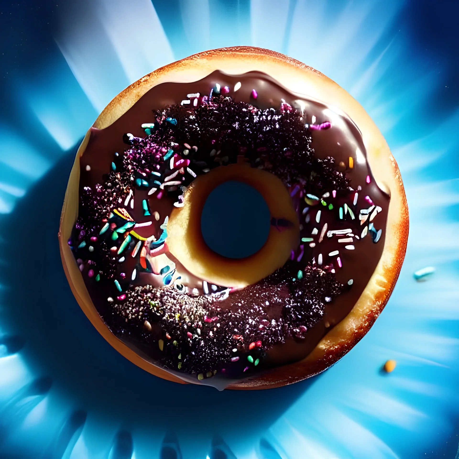 A realistic photo-illustration of a "Donut" imploding into chocolate!! Camilla d'Errico, Olga Kvasha, Agnes Cecile, Mae Hisanori:: beautiful and intricate details:: 4d, 16k resolution:: Fantasy cover art by Francesco Carlini :: donut colors, digital art deep blue sky.