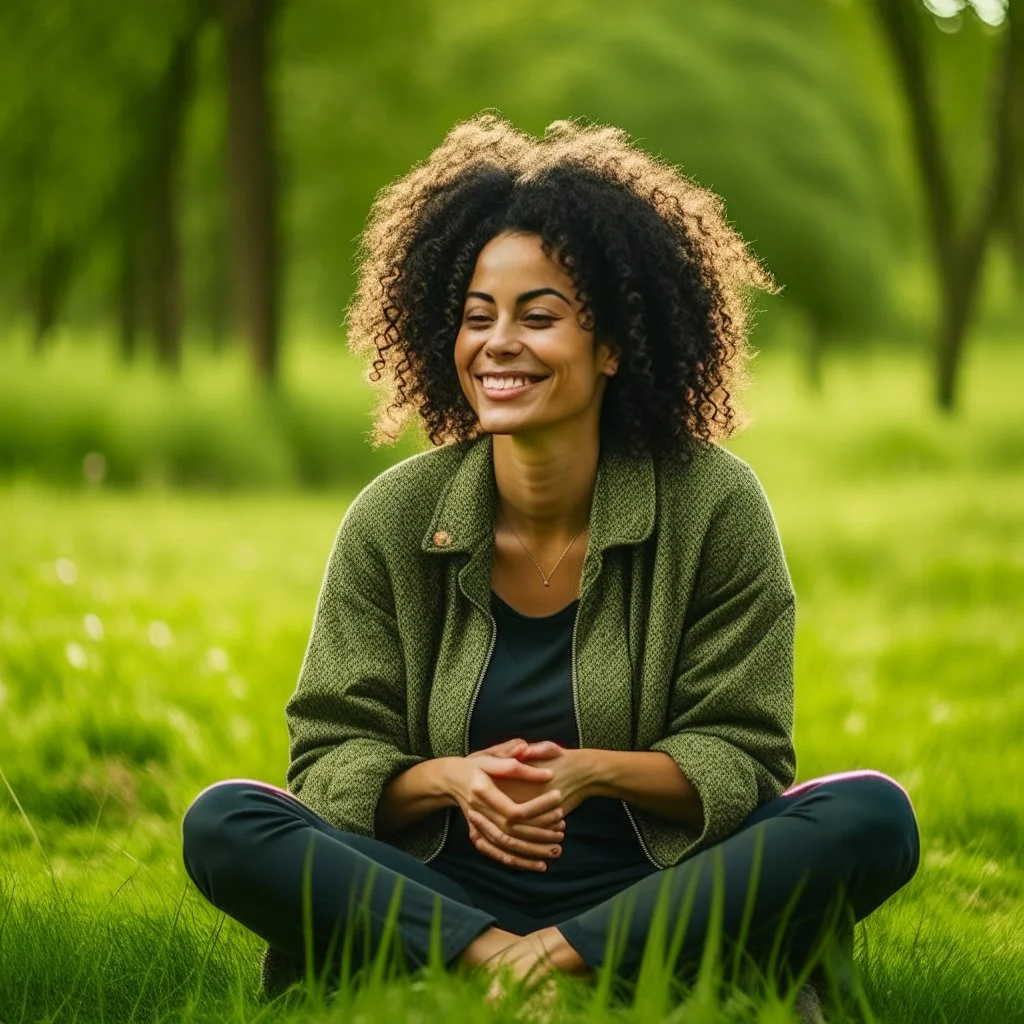 "A person smiles and feels contentment and serenity while practicing meditation in nature. They may be sitting on the grass or by a tranquil lake, placing their hands on their knees, and blissfully closing their eyes."\