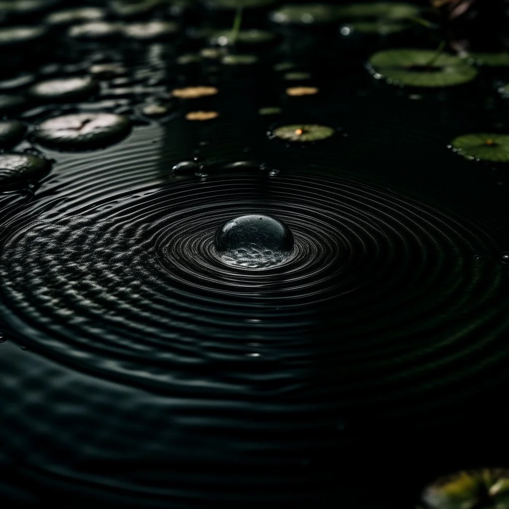 a raindrop creating one beautiful circle in a pond, dark colours