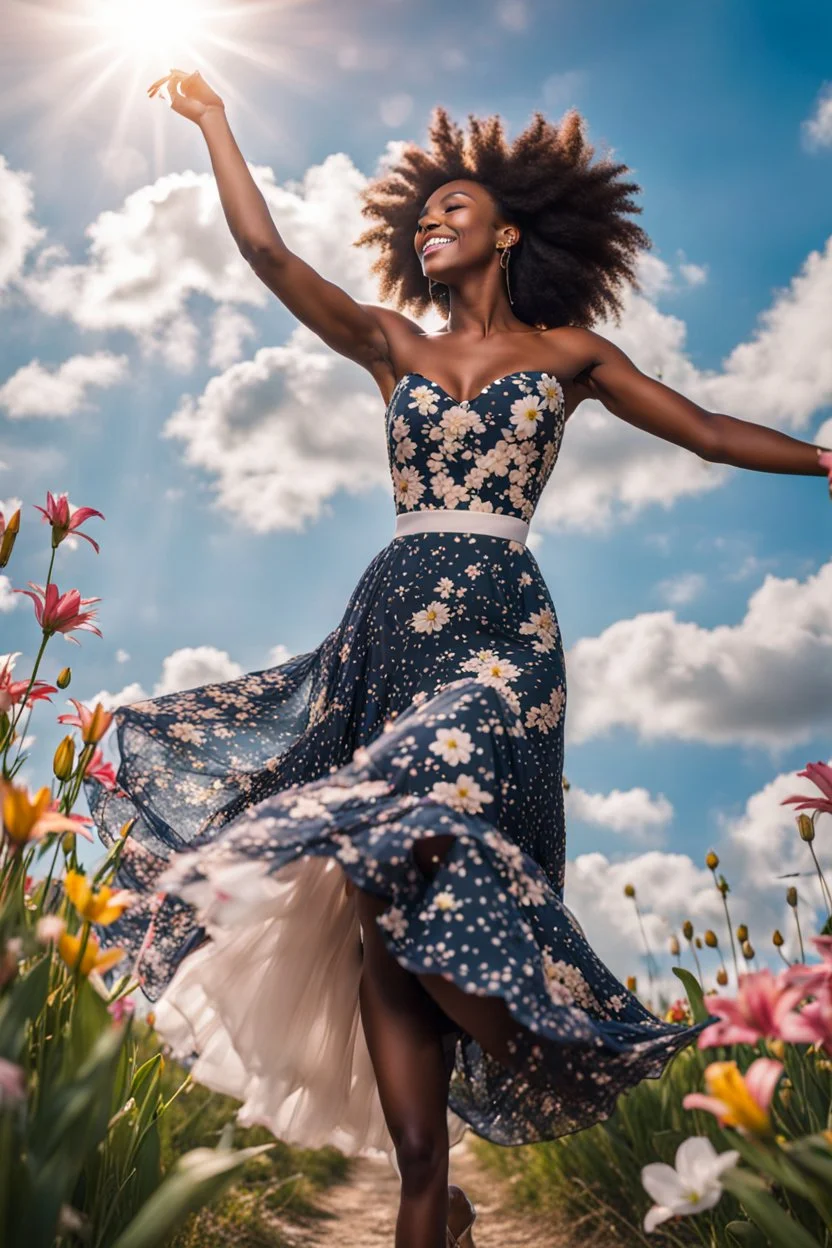 The camera zooms in, focusing sharply on very beautiful black girl with make up Lily wearing pretty dress as she dances gracefully in the same romantic environment with flowers and sky with nice clouds. Her joy and youth are presented against the backdrop of the surreal surroundings.