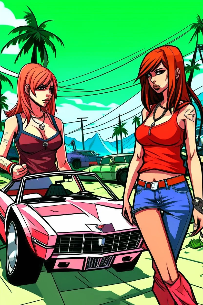 gta tarzı 2 kız 2D arkaplan biraz daha detaylı gta tarzı gta 6 tarzı daha detaylı ve renkli 2 kız