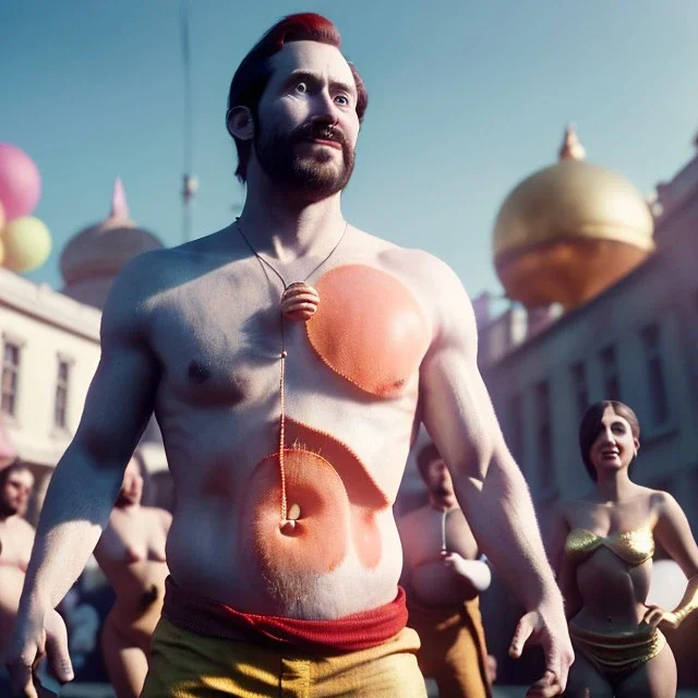 Ultra realistic circus scene. Naked stronger man, waist up view, Wes Anderson style, happy, bubbles, highly detailed, concept art, unreal engine 5, god rays, ray tracing, RTX, lumen lighting, ultra detail, volumetric lighting, 3d, finely drawn, high definition, high resolution.