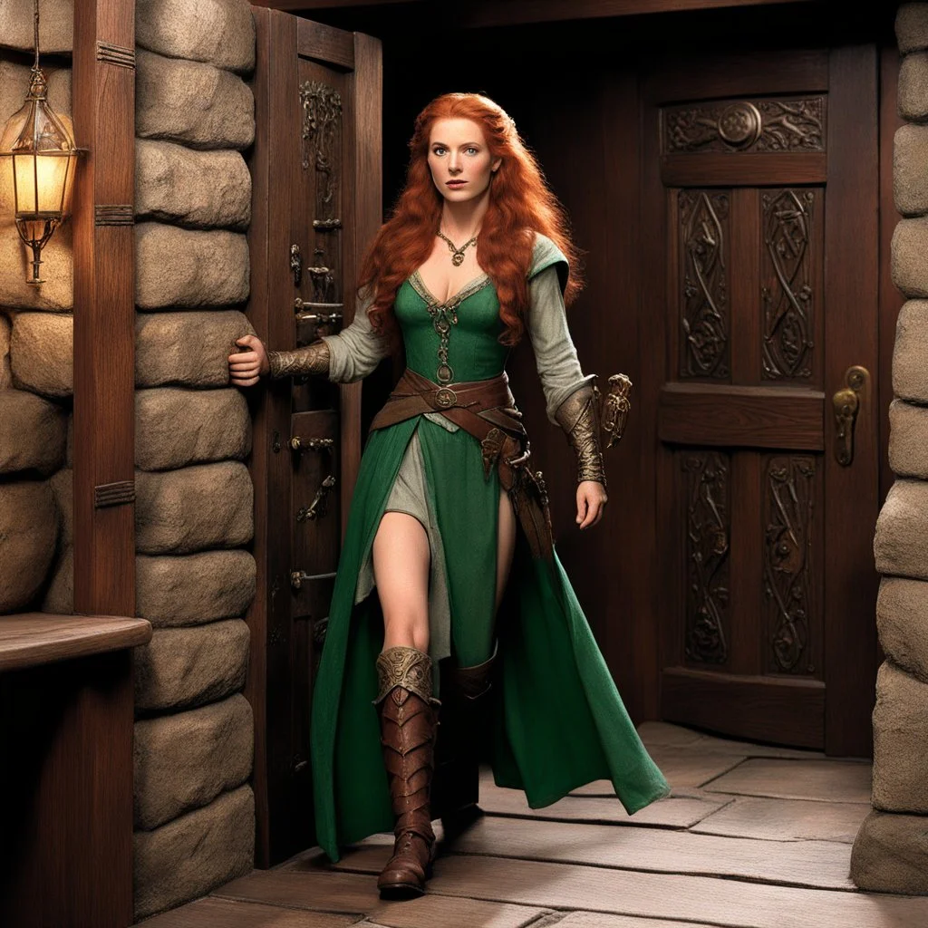 [high res photo by Ray Harryhausen, in the room of a tavern of middle earth] Minutes pass, and you hear footsteps approaching. The door creaks open, a woman enters. She's tall and statuesque, with long auburn hair and piercing green eyes. Her fine clothes mark her as a woman of means, and her demeanor suggests a mix of nervousness and intense desire.