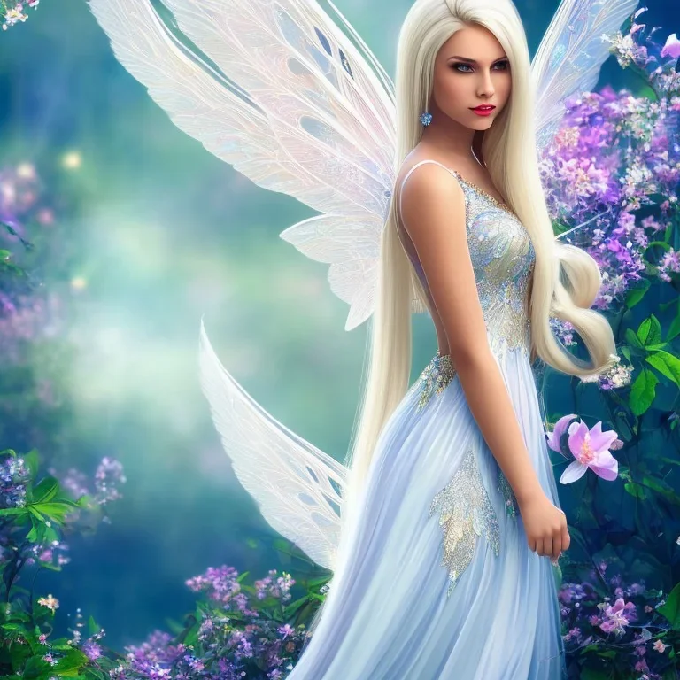 Fantasy fairy with transparent wings, smiling, make up, long platinum blond hair with crown and flowers, blue dress, flower background