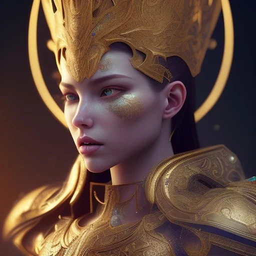 badass female queen of war, beautiful figure, wearing hyper detailed armor,sparkle, sharp focus,macro lens, intricate filigree metal design, full body portrait, cinematic, unreal engine 5, 8k, hyper realistic. Volumetric lighting, unreal engine 5 ,hyper elegant,hyperphotorealistic, epic composition,bokeh, cinematic, hyperphotomaximalist, masterpiece