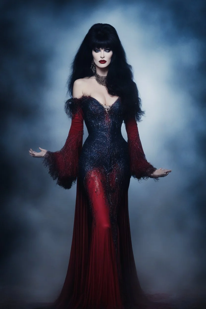 full body portrait - Elvira, Mistress of the dark - 32k, UHD, 1080p, 8 x 10, glossy professional quality digital photograph - dark blue and dark red, and light maroon and purple and foggy black gradated background, historic, powerful, octane rendering, exquisite detail, 30 - megapixel, 4k, 85 - mm - lens, sharp - focus, intricately - detailed, long exposure time, f8, ISO 100, shutter - speed 1125, diffuse - back - lighting, ((skin details, high detailed skin texture)), (((perfect face))),