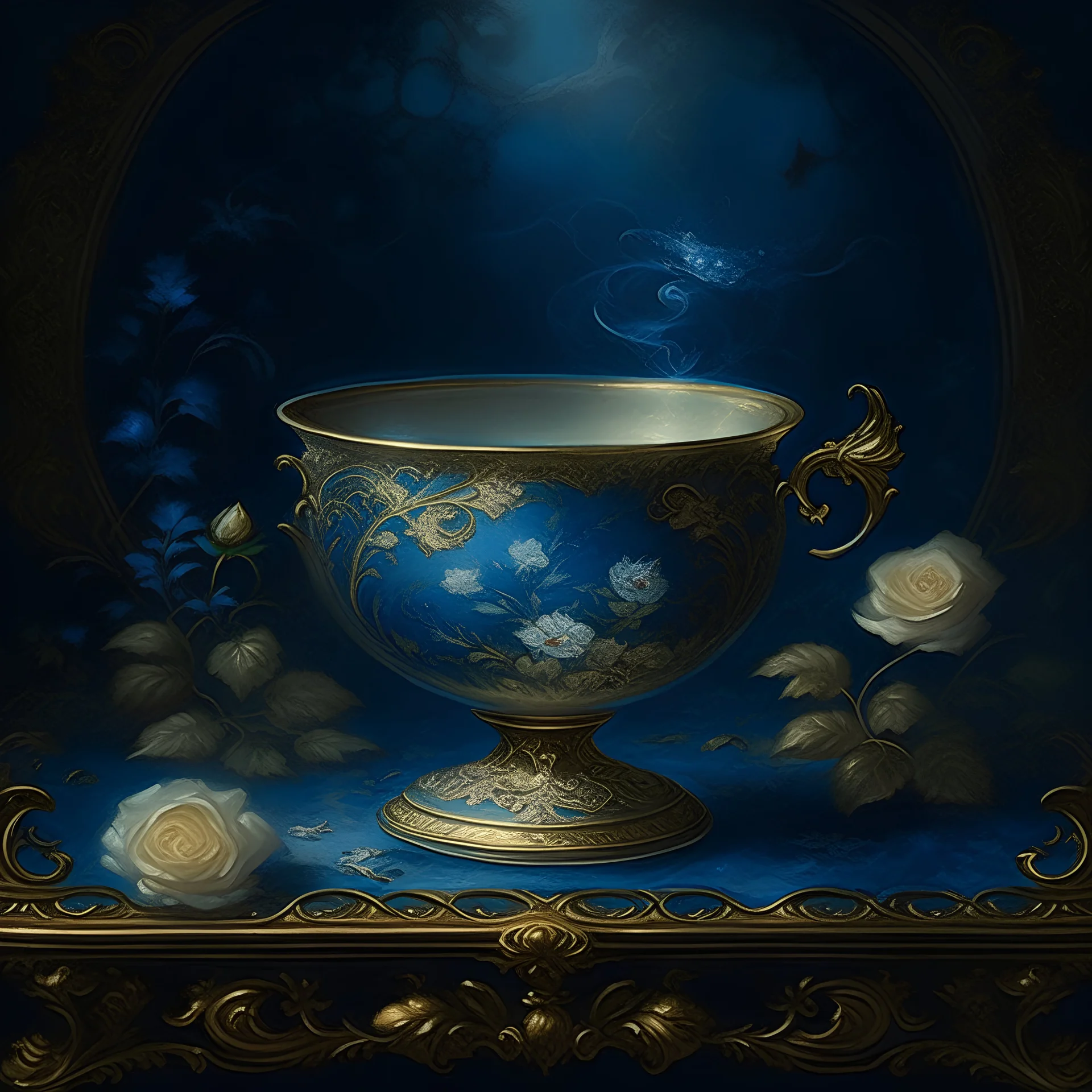 Digital Image. Dark blue tea cup, gold filigree painting, intricate, rococo style. The background is a mysterious evening garden with (many) (small) (small) (white) roses. (Sparks: 1,2), (swirling mist: 1,2), (glow: 1,2). Exquisite rocaille and fantasy surrealism. Fragonard-inspired shapes and lines. Decorative excesses. Van Gogh, Sabbas Aptheros, Alfonso Mucha, Carole Buck, Andrew Jones, Stephane Martignet. High detail. High quality. HDR