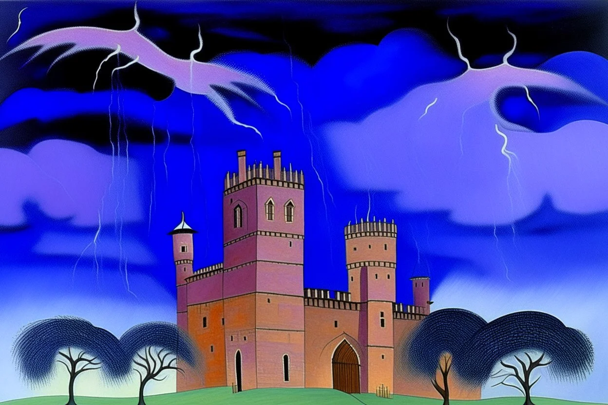A purple castle in a thunderstorm designed in Indian Gond art painted by Edgar Degas