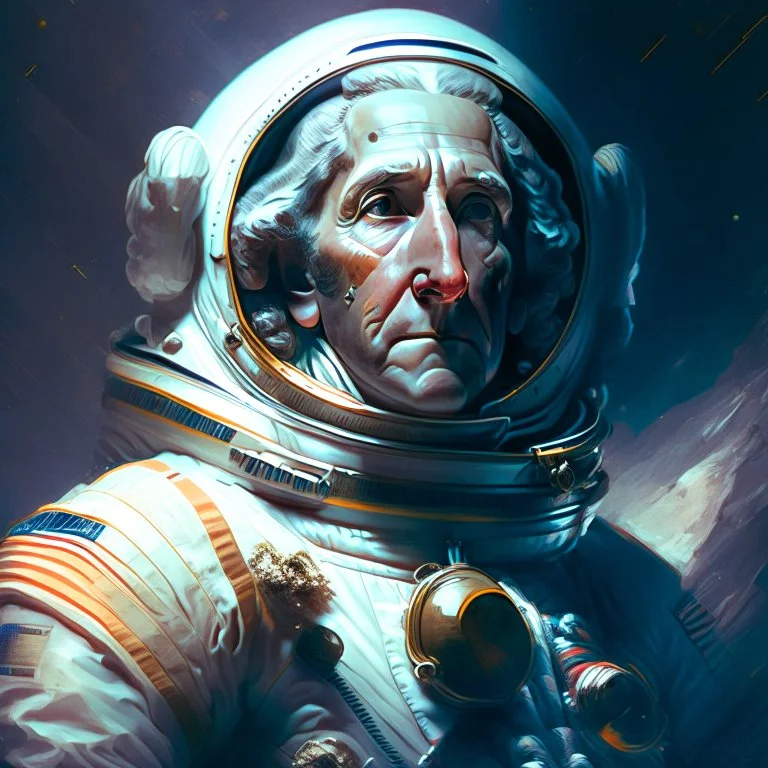 Portrait of George Washington in a space suit in the style of Jim Lee and Paul Hedley, Gabriel Testino, 8k, cinematic, ultra hd, sharp focus