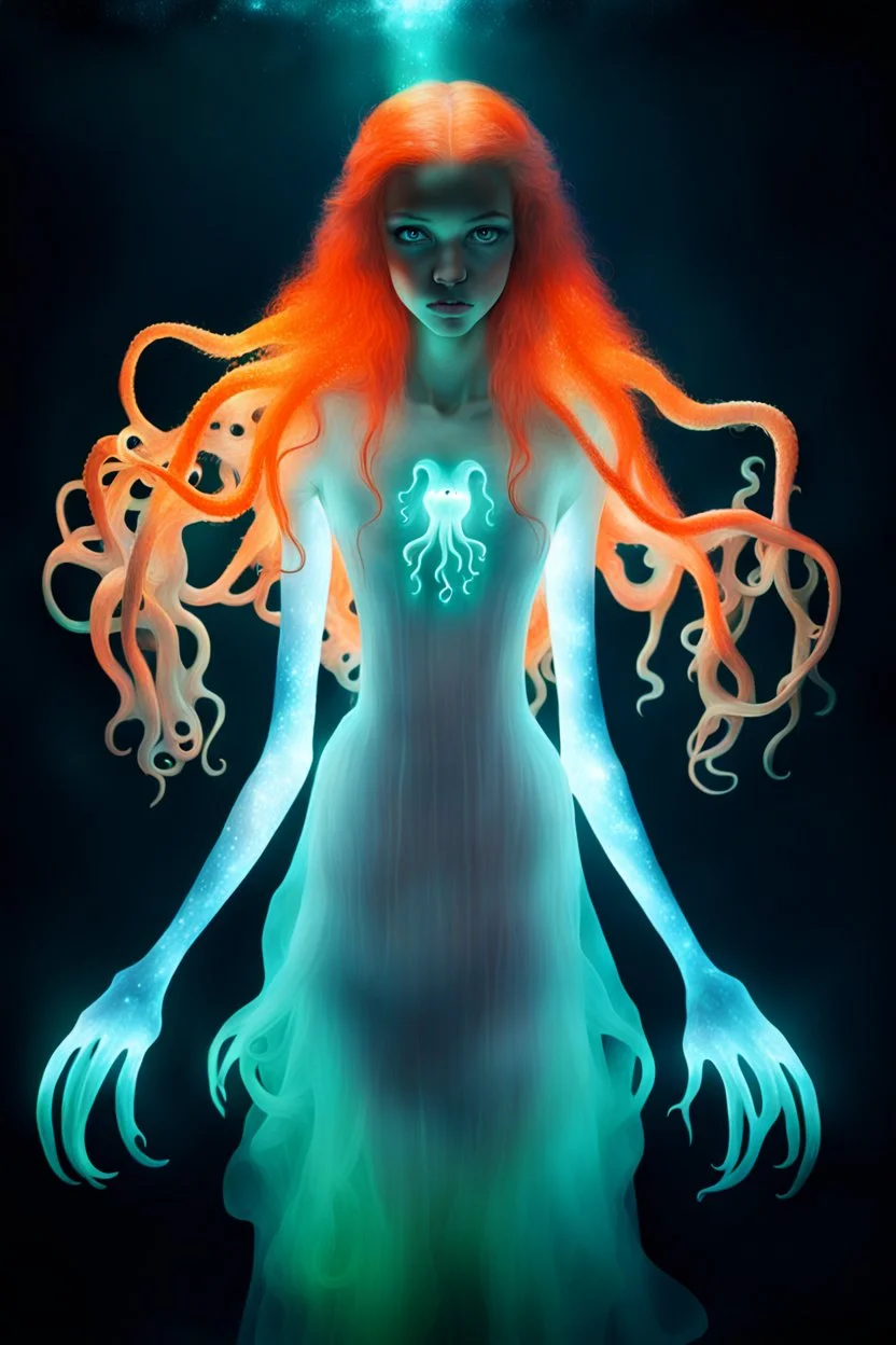 feral ginger girl squid ghost with a weird illusion glowing and shining