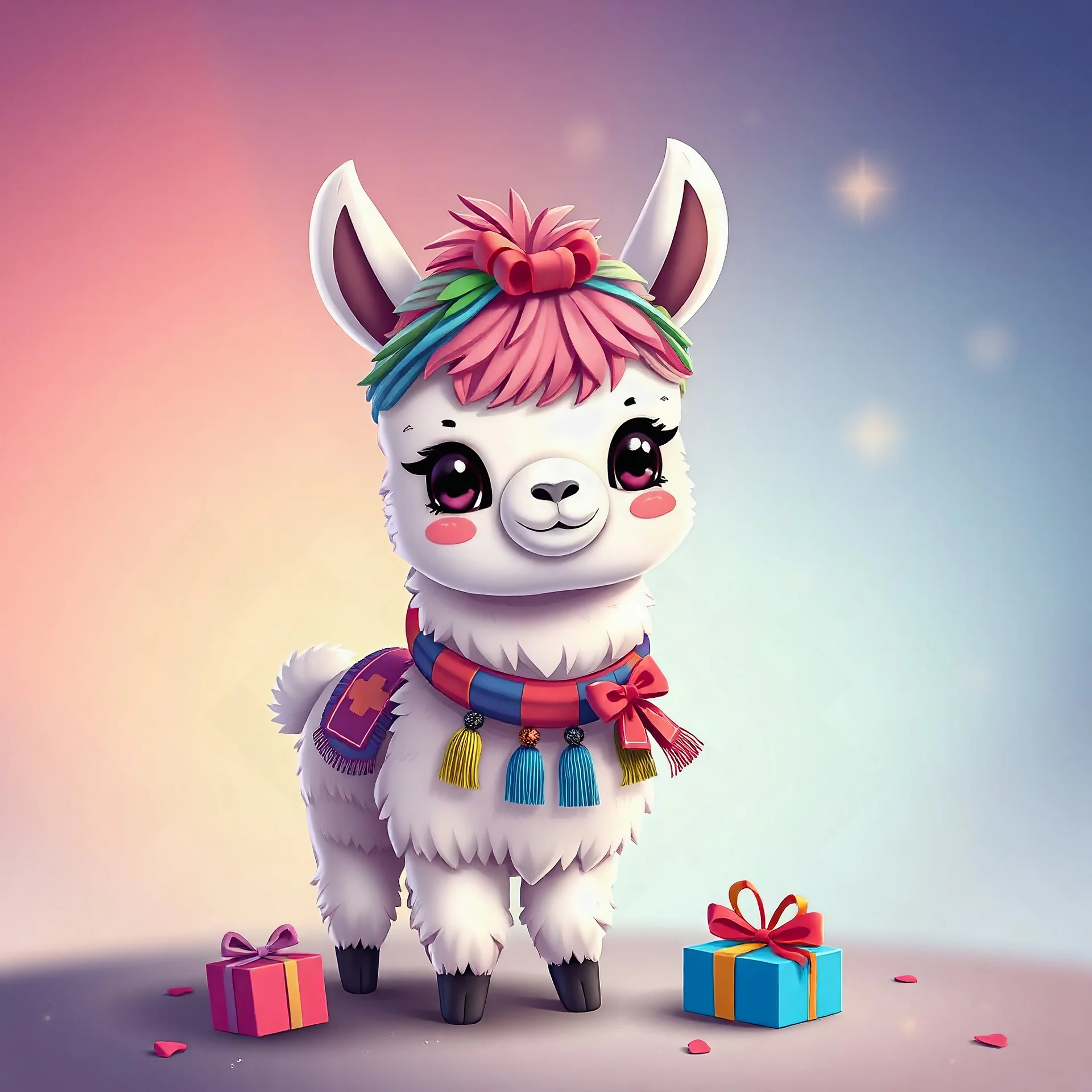 Create multicoloured little lama and gifts anime and gradient background