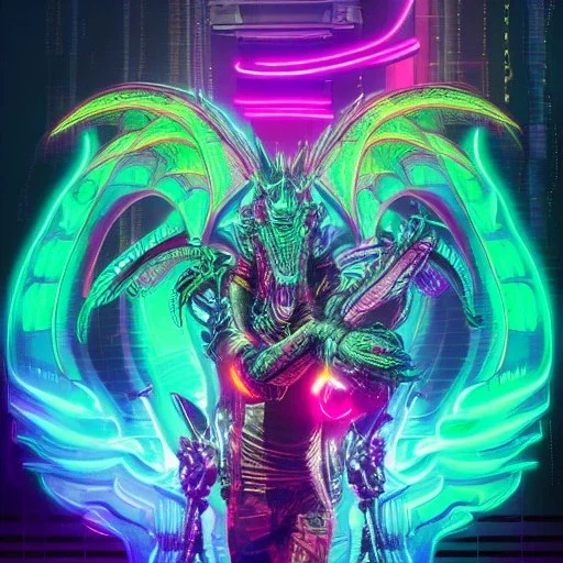 cyberpunk alien dragon, cyberpunk, full body, realistic, intricately detailed, neon lighting, vivid colors, neon, futuristic, meticulously detailed