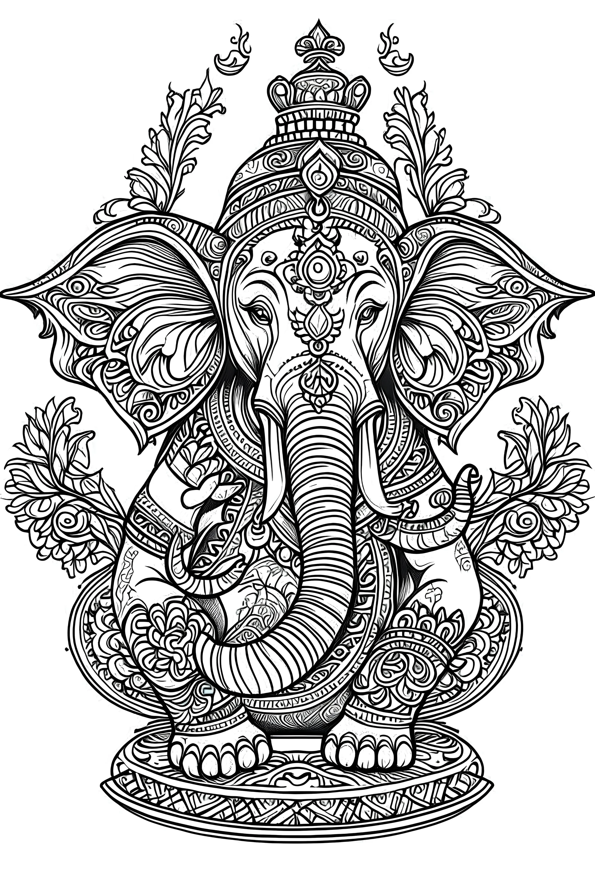 Outline art for coloring page, WHIMSICAL GANESHA, coloring page, white background, Sketch style, only use outline, clean line art, white background, no shadows, no shading, no color, clear