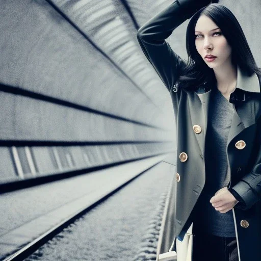 A tall slender young woman with short hair and a black trench coat longingly waiting for her lover at a train station in Zurich