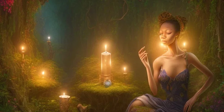 beautiful african lady meditating at night with candles in a enchanted jungle, fotorealistic, high quality, landscape, 17, chalice well