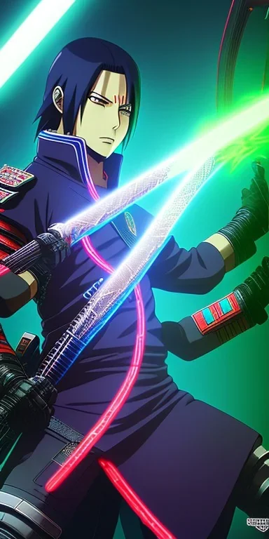 Itachi (Naruto), with cyber glowing swords, cyberpunk, full body, realistic, intricately detailed, neon lighting, vivid colors, neon, 64k