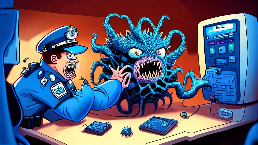 confused male cop dispatcher deals with evil virus hatching from the phone