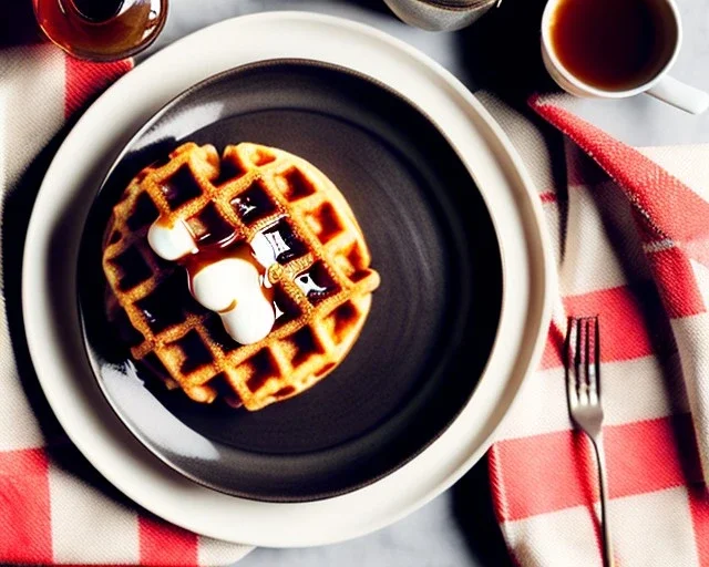 Round waffle with maple syrup plate, plaid napkin and fork