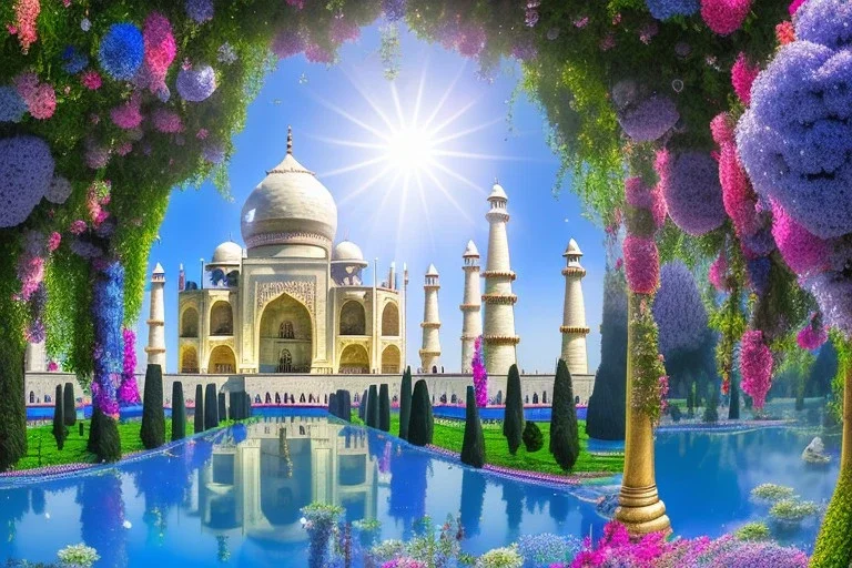 cascade,a magical crystal blue gold taj mahal,flower parc bougainvillier, blue lake,sun,white swanns,pink vertical, blue lake,sharp, vines, candlelit, endor, ornate, elegant, highly detailed, artstation, concept art, smooth, sharp focus, illustration, 8k, splash art, wallpaper, key visual