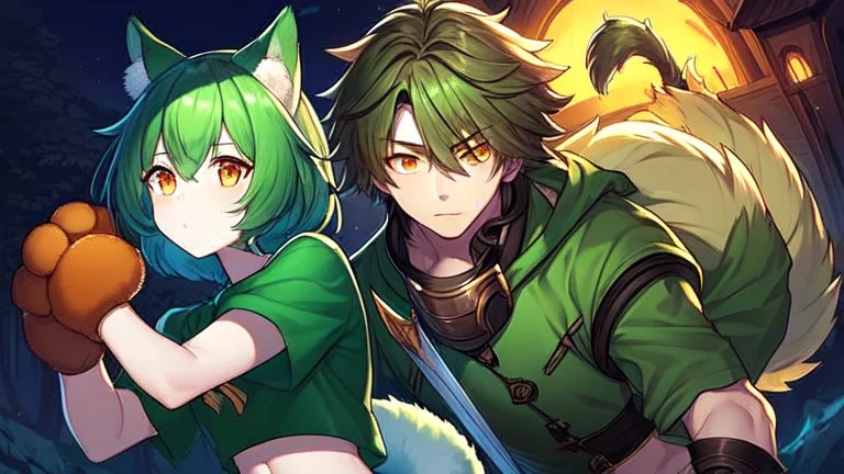 Girl, 2boy ,wolf muzzle, long green hair, green wolf ears,2 wolf tail, open navel, short blue shirt,animal tail, wolf paws hand, orange eyes, sword, animal fur on feet, night in forrest