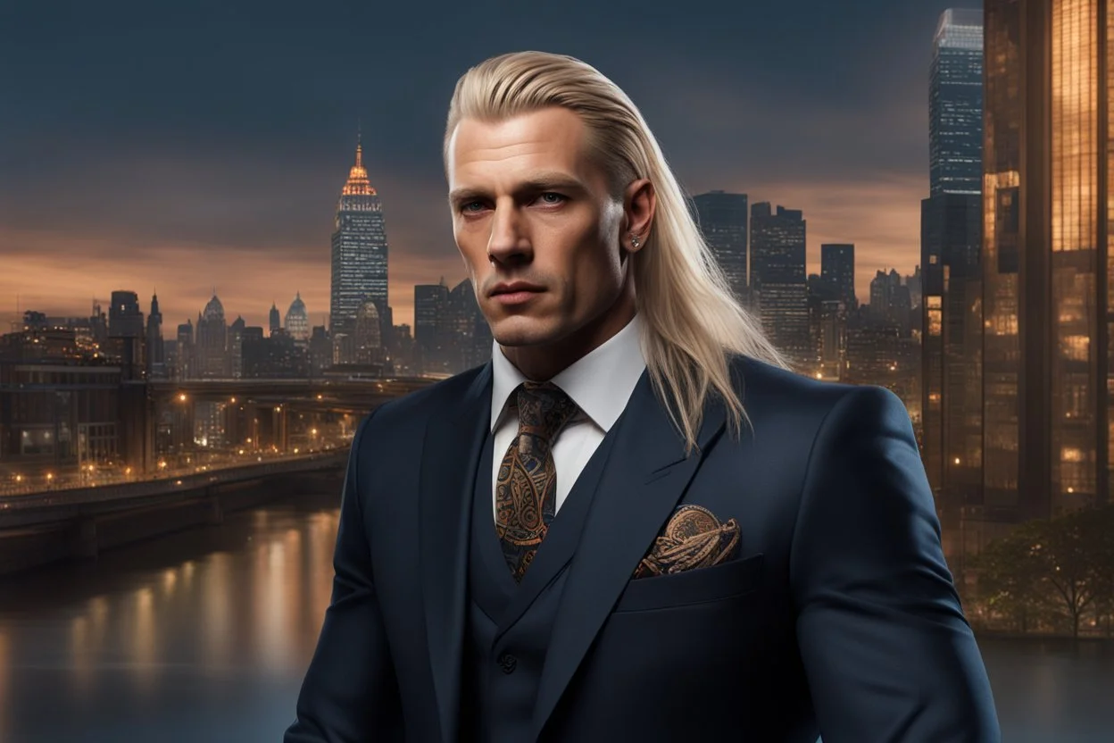 photorealistic portait of henry cavell as mercenary with long blonde hair undercut tribal tattoos wearing smart suit cityscape