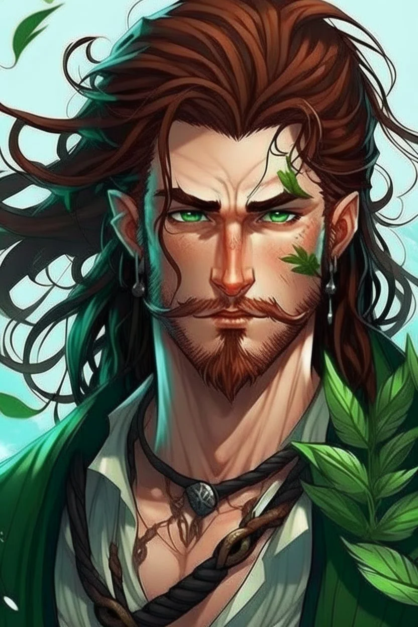 determined wet pirate nereid male with deep auburn hair and seaweed braid