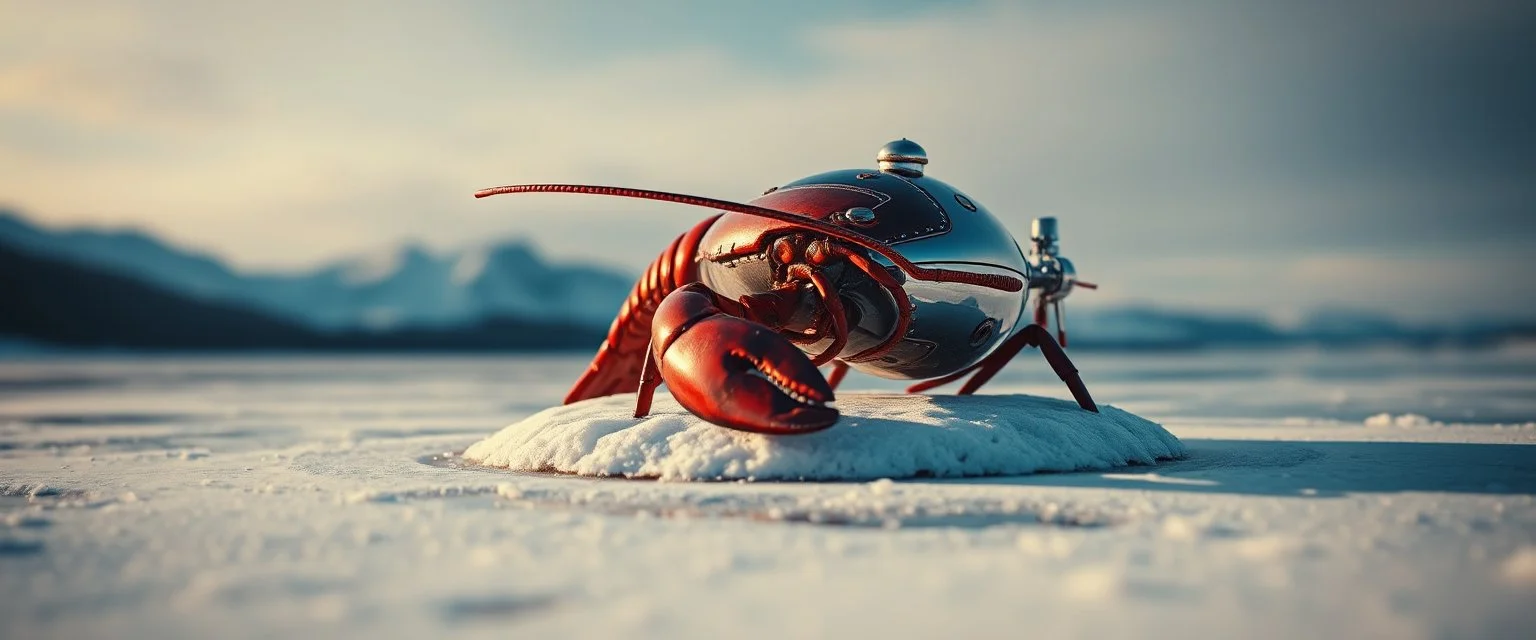 airbrush 3d rendering, close up chrome cd lobster space ship on small frozen island in lake, pinhole cam, background motion blur