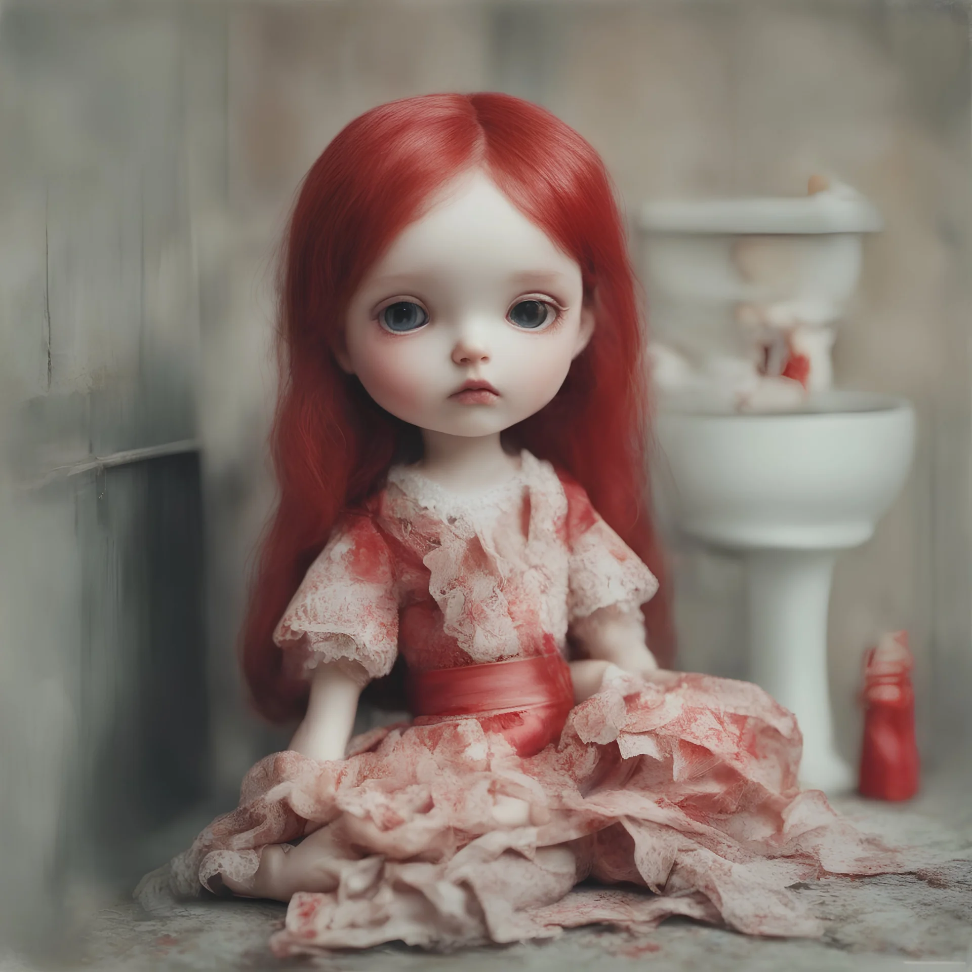 Blythe doll, red, autochrome, paper toilet