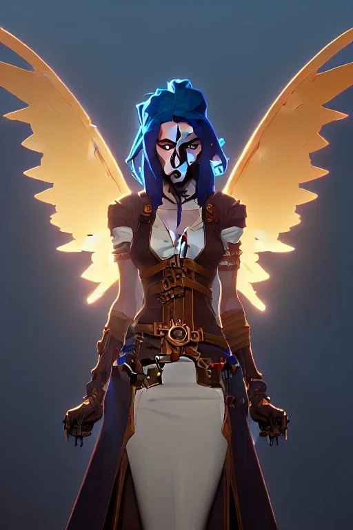 steampunk angel, pale, blue sky, golden glow, majestic, heroic