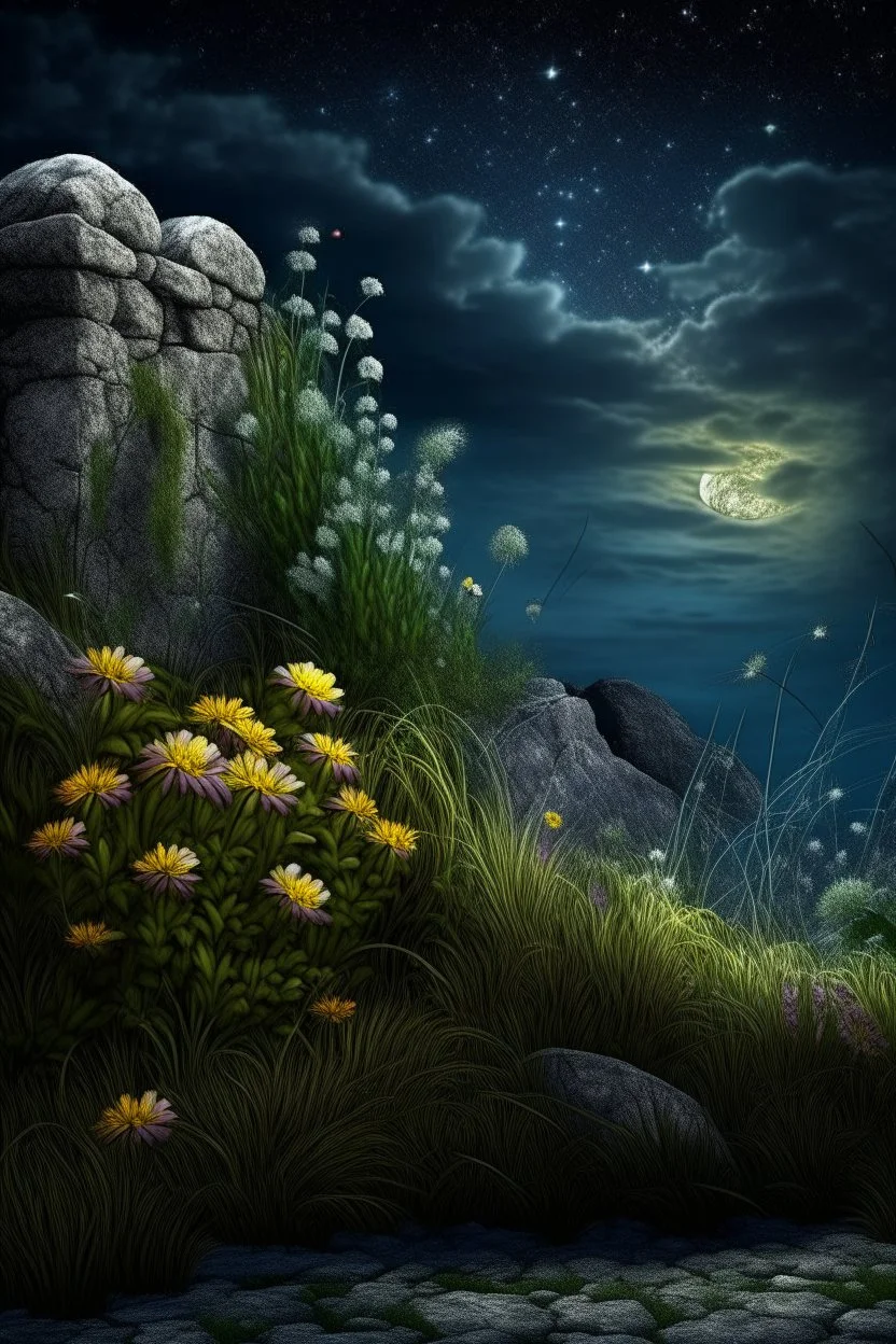 A close-up image of a rough stone wall with overgrown grasses, weeds, and vibrant flowers, featuring whimsical and surreal art, dark fantasy themes, dramatic lighting effects, intricate details, dreamy landscapes, gothic aesthetics, an ethereal atmosphere, and magical scenes with a moonlit sky with stars and constellations, a faint glow emanating from the cracks in the wall, and fireflies dancing around the glowing cracks.