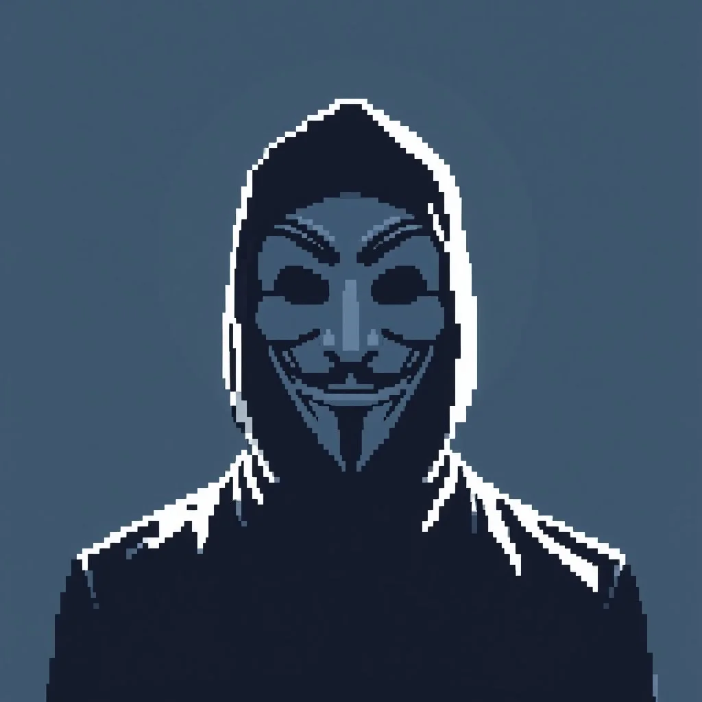 18 bit pixelart of a shadow figure with a white smooth wide smiling mask guy fawkes,