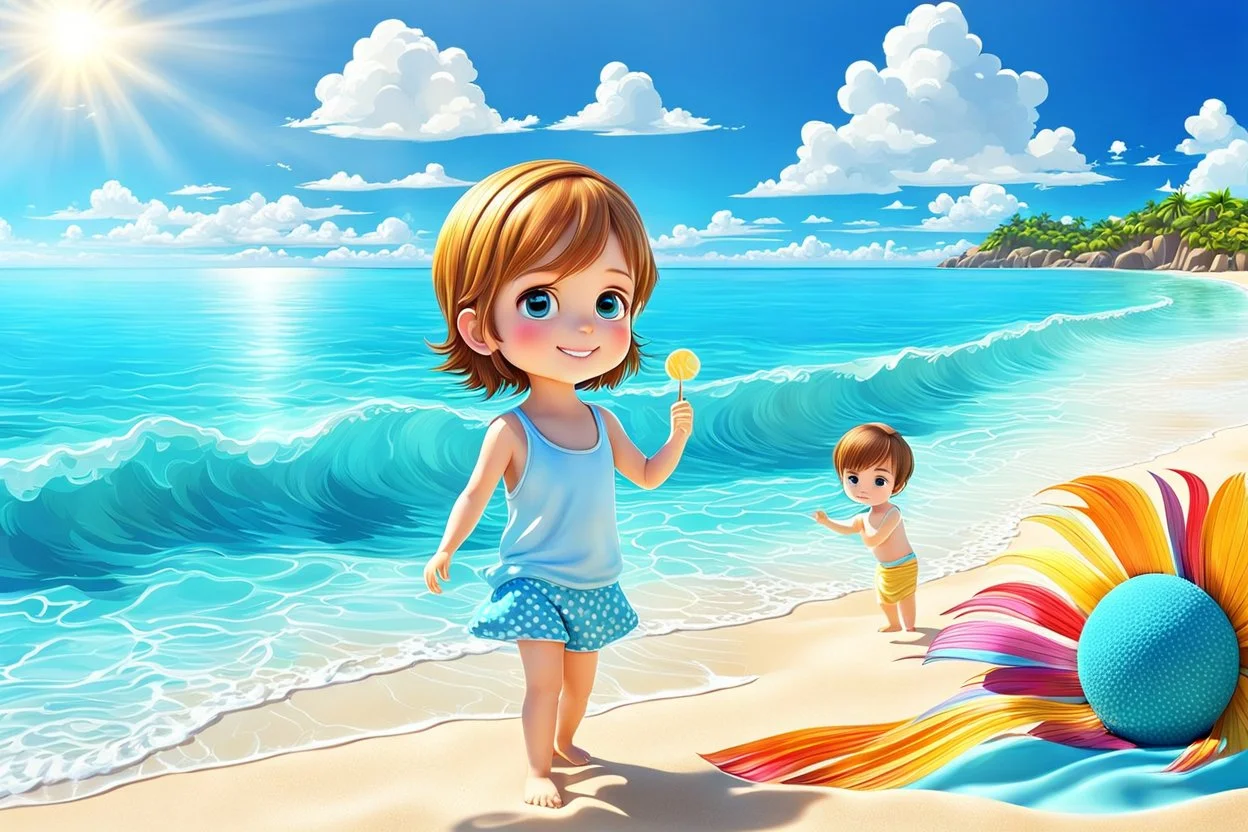 3d digital art of chibi young girl and boy enjoying sunshine on the beach, blue sky, happyness, nice azure sea, vibrant warm colors., detailed, cinematic