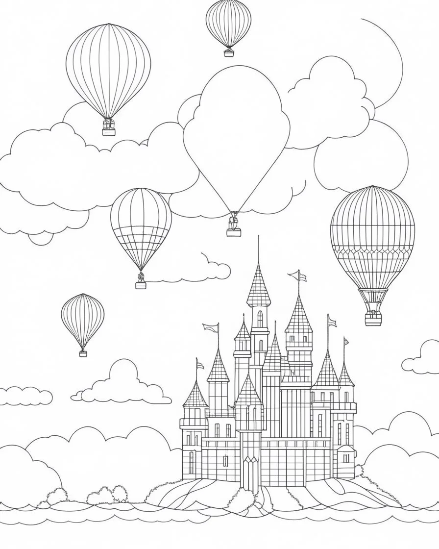 Coloring pages: A floating sky castle, with hot air balloons and fluffy clouds, overlooking a breathtaking landscape below.