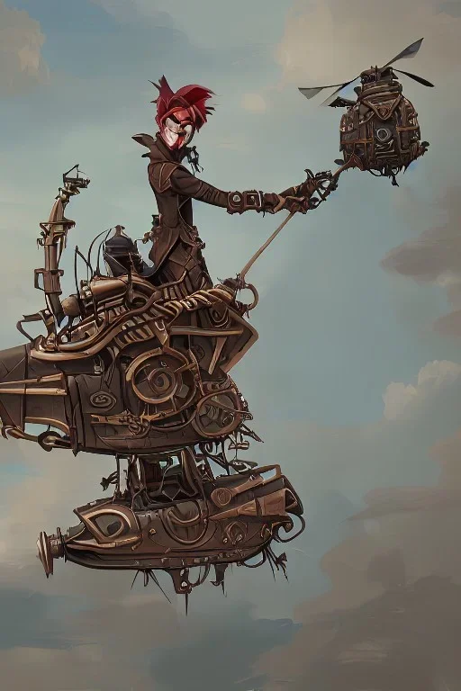 mad steampunk goblin flying an old-fashioned helicopter