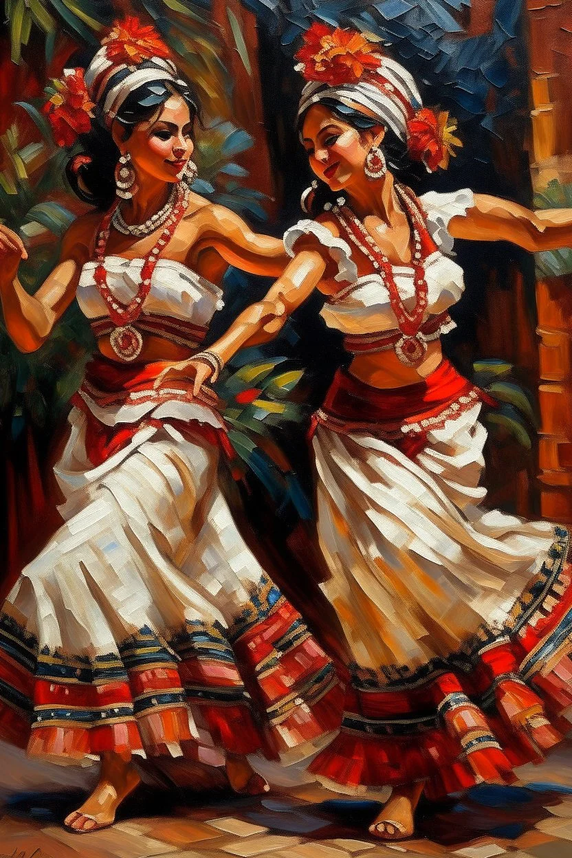 2 maxican woman dancing neoclassism traditional painting