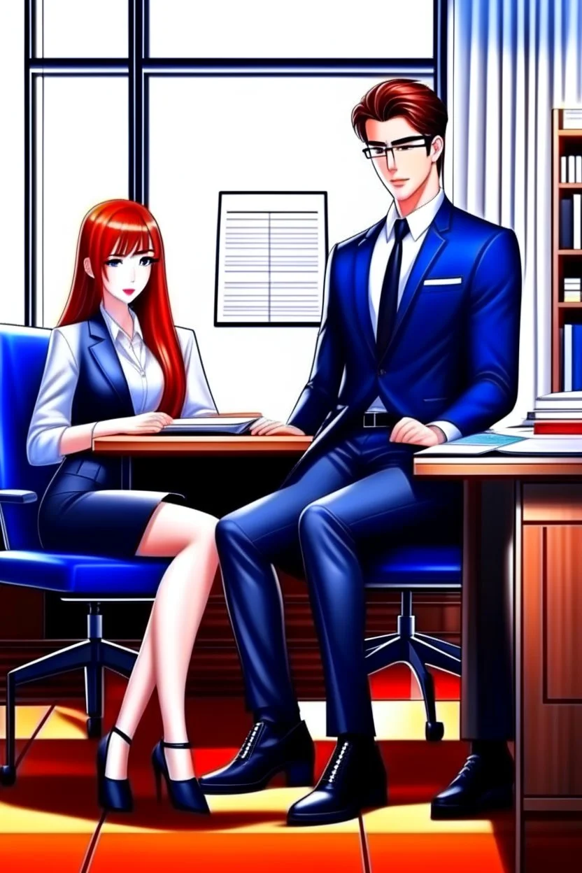 create a wattpad cover of a handsome boss and a beautiful secretary, hd, ultra realistic, aesthetic, manhwa style, the handsome boss sitting on the chair with table and besides the beautiful secretary