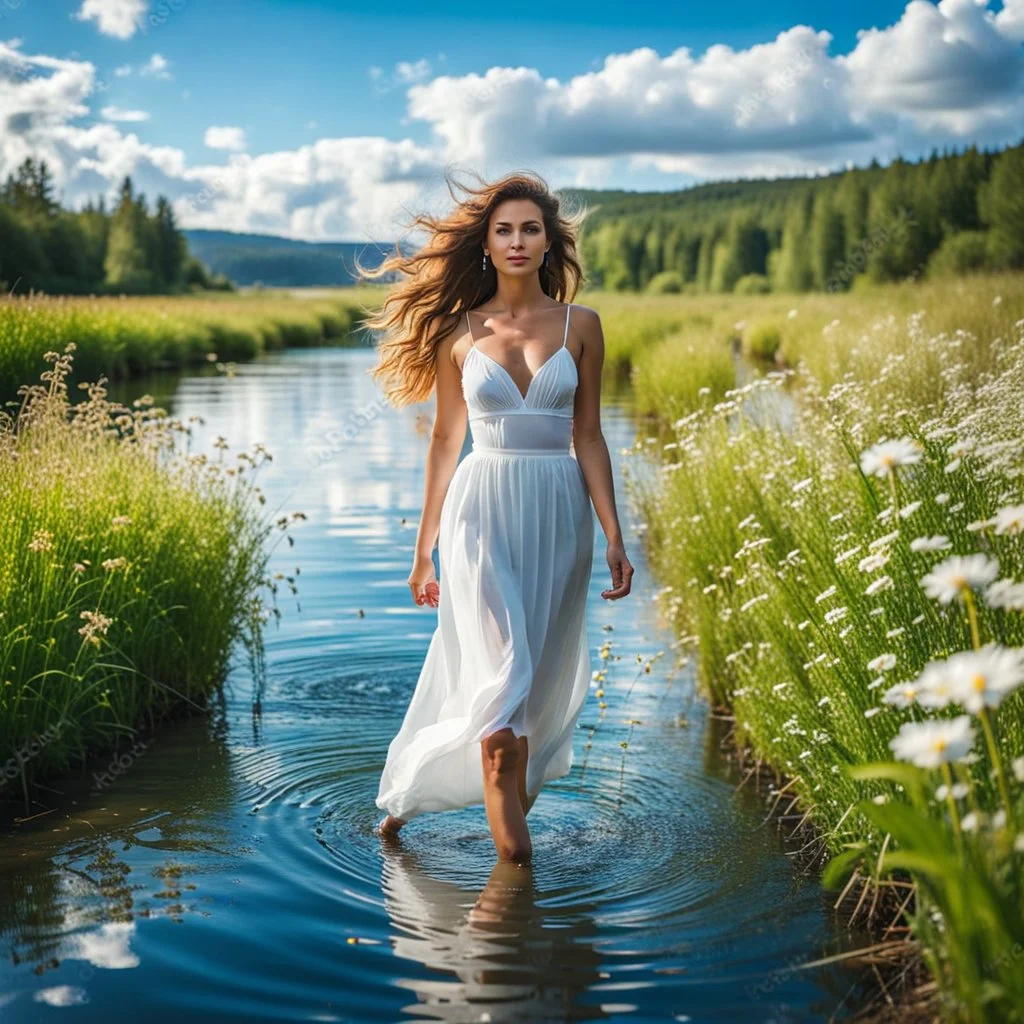 upper body closeup of very beautiful girl walks in water in country sidewild flowers , curvy hair ,next to small clean water river,pretty clouds in blue sky