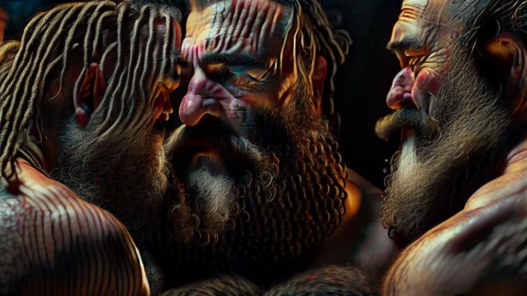 close up photo, chubby muscular burly sweaty turkish man looking down, masculine hairy 59 year old man, with other two male hands touching the chest , dreadlocks, long beard, manly shoulders, ambient occlusion , , super high resolution, 8k, cinematic light, ultra hyper realistic, view from the bottom