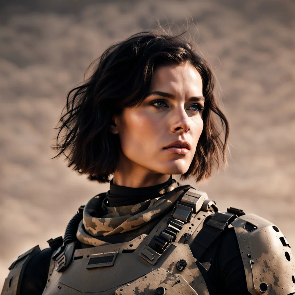 beautiful sexy caucasian female soldier, black metal body and limbs, visible cybernetic limbs, scratched sand camo, no armor, short brunette wavy bob haircut, dystopian, desert scene