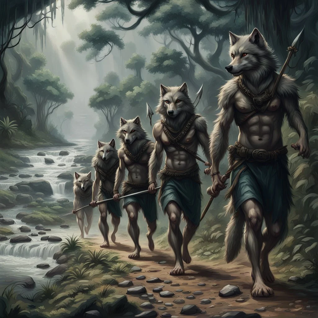 wolf body hair straight walking five anthropomorphic wolf man hybrid human two with spears in their paws go one after another by pathway in jungle, in the further away a river flows in jungle near the trees, rain, very thick-trunk trees and jungle vegetation, near to them flows a fast river, dark colors, high realistic, detailed, cinematic, sci-fi, fantasy mood