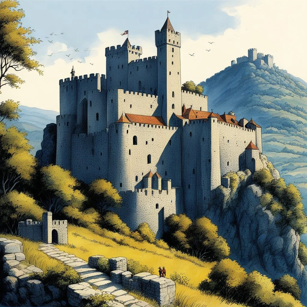 [art by Ray Harryhausen] Sévérac-le-Château, Medieval stone castle perched on the summit of a puy, an ancient volcanic hill, overlooking the surrounding landscape. The fortress crowns a steep rocky promontory, with thick defensive walls, crenellated ramparts, round watchtowers, and a central donjon. The architecture follows the natural contours of the volcanic rock, emphasizing height, strength, and strategic control. The setting evokes early medieval France, with a fortified settlement clustere