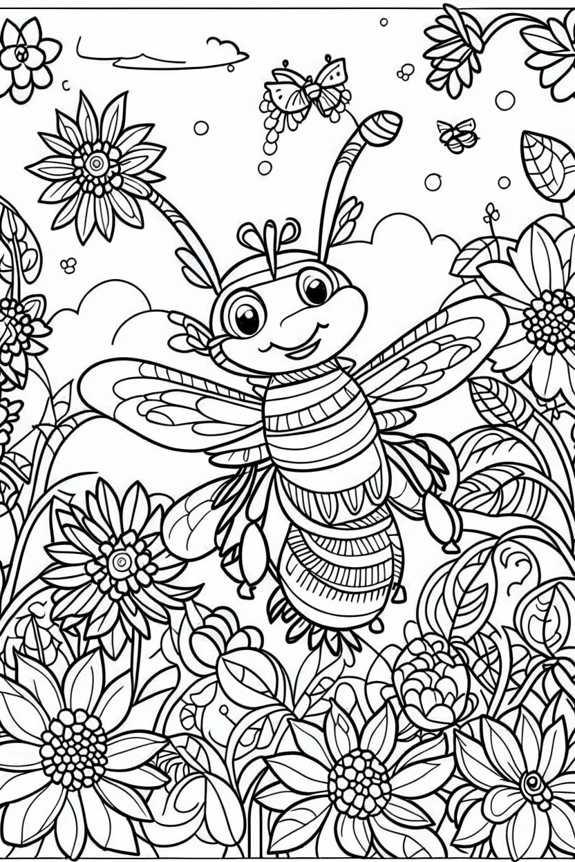 HAPPY NEW YEAR coloring page for kids, A cute bee buzzing around a garden filled with New Year flowers , cartoon style, thick outline, low details, no shading, no color