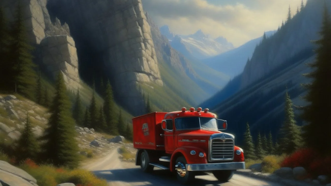 Realistic oil painting of a silver and red truck driving through towering mountains, by Thomas Moran, vibrant colors, intricate details, long shot perspective, realistic lighting and shadows.