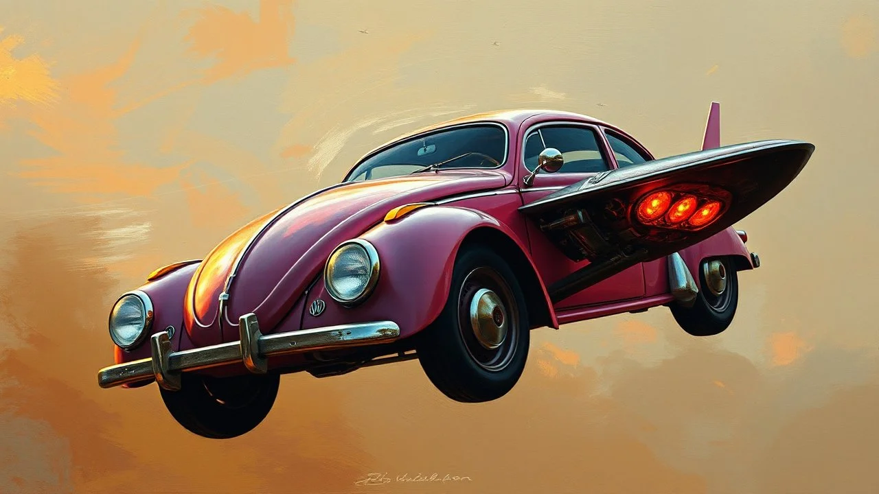 a high definition screen shot of a jet-fighter vw-beetle, retrofuturistic, phototrealism, in flight, one subject, thunderstormncc 1701 enterprise Macabre Rapture End of days Revelation scene, loose brush stroke matte oil painting, sinner apotheosis,diagonal composition, unbalanced, abstract surreal horror, eerie, scary warm colors, Eldritch, by Colin McCahon Upscale @JonKnockTurnal A photorealistic futuristic pink cadillac 2999 ufo, bilaterally