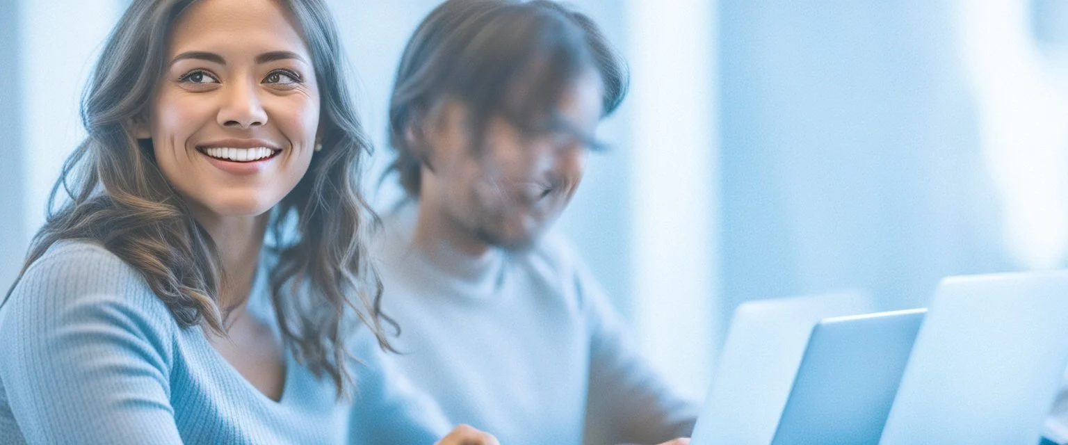 woman sitting at desk with laptop, she looks away from computer and smiles, man in background also sitting at desk working on laptop but blurred, business photography