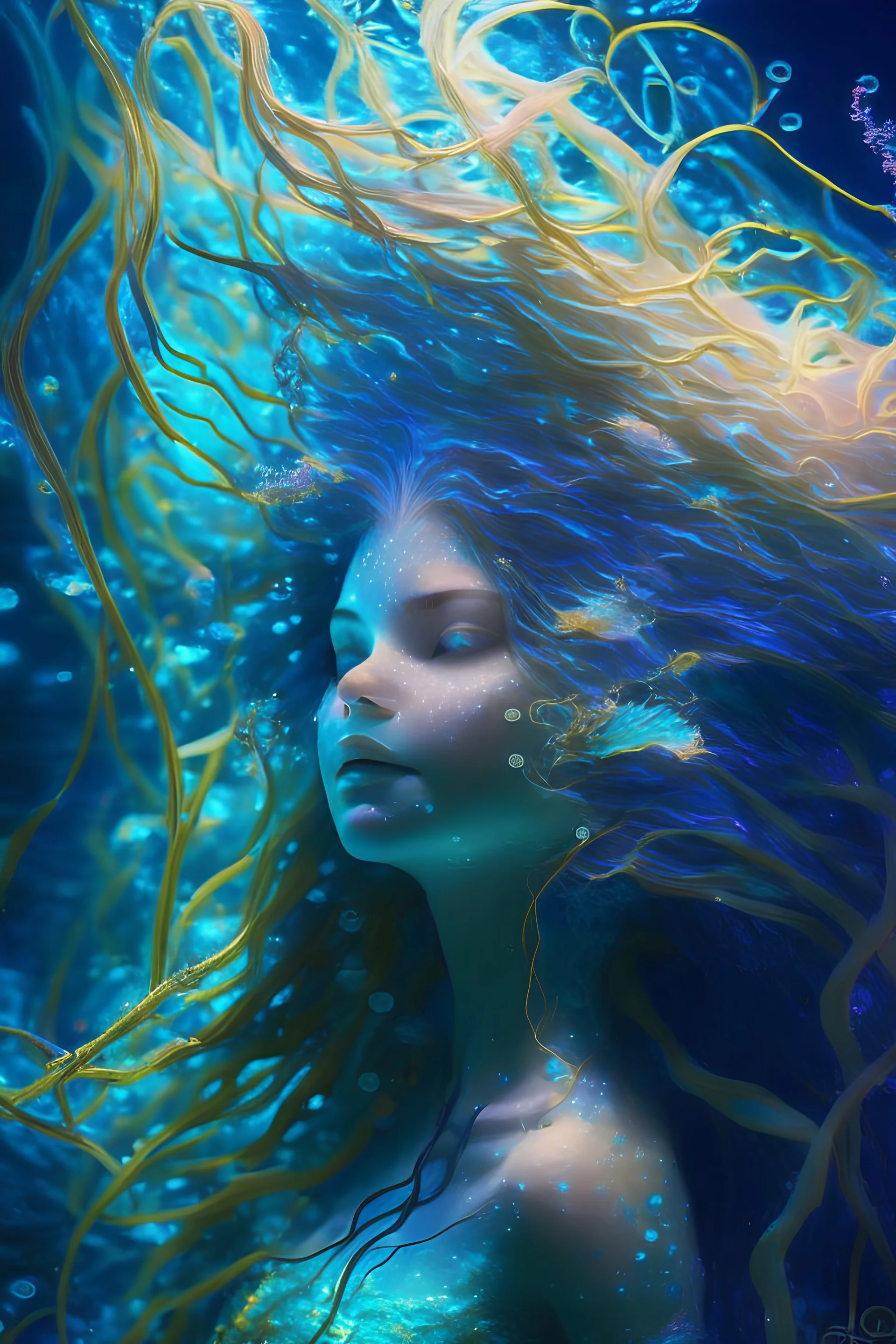 a stunningly beautiful underwater seaweed princess with long and flowing bioluminescent hair that contains magical light-filled tendrils of swaying seaweed hair, dynamic portrait pose of beautiful underwater princess, colorful fish everywhere, flowing, bokeh and magical lighting with glowing particles of light, dynamic composition, Tyndall effect, happy, colorful, bright and filled with light, blue, turquoise, yellow, orange, estilovintedois